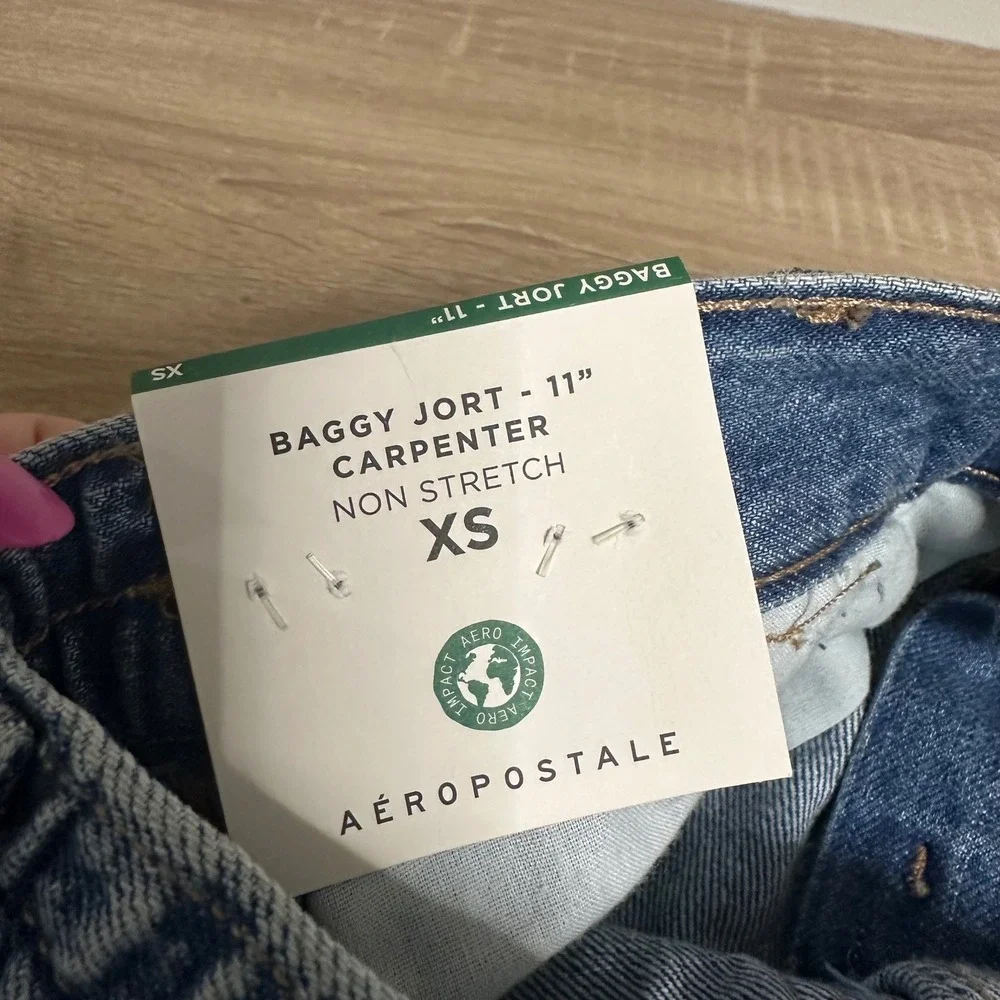 Aeropostale Baggy Jort Carpenter Women XS Blue Denim Raw Hem Non-Stretch 11